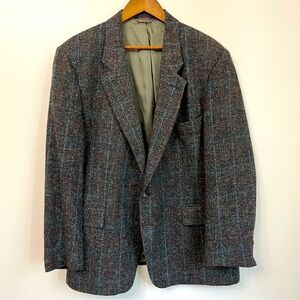 Vintage 100% Wool Oversized Blazer Levi Tailored Classic Plaid Gray Blue Red 46R